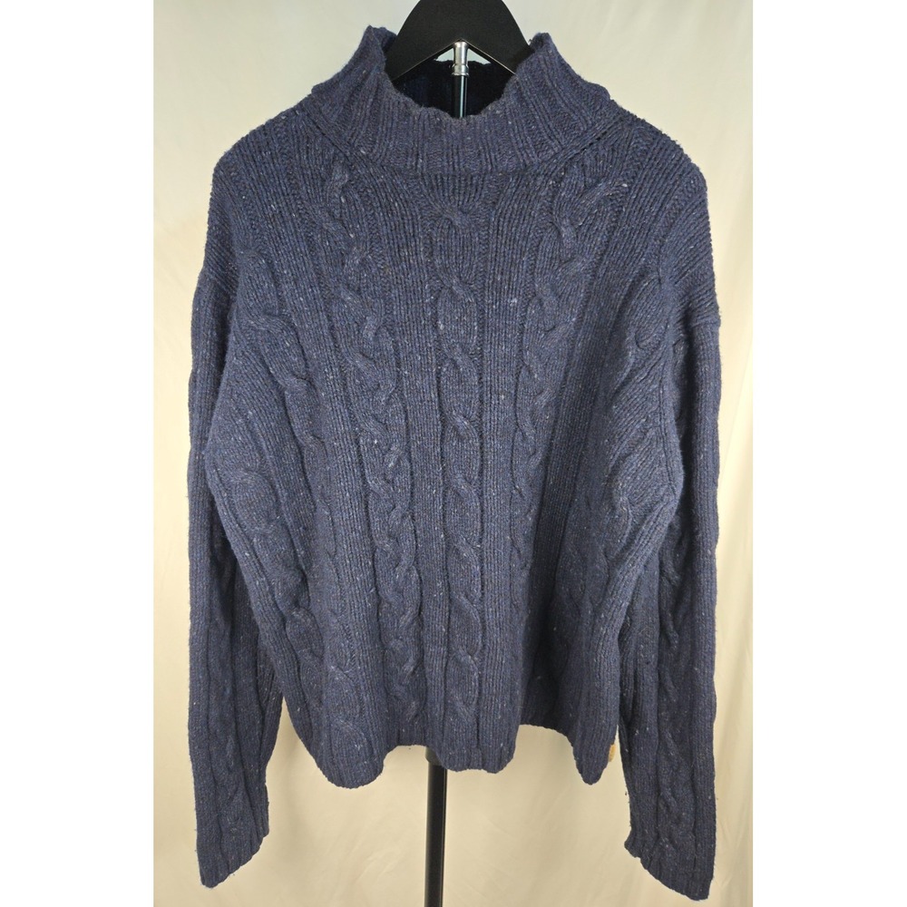 American Eagle Donegal Cable Knit Wool Sweater XL Blue Y2K Fisherman Mock Neck